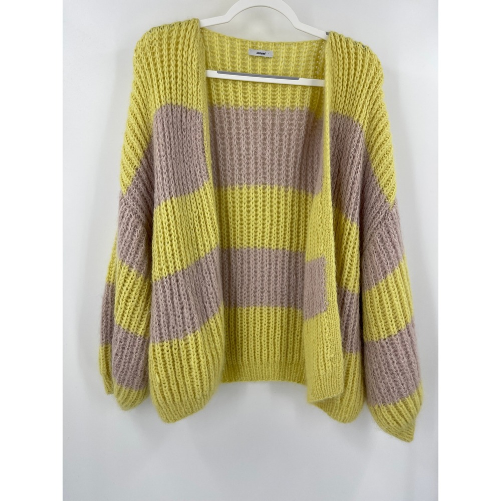 Maiami Alpaca Wool Chunky Knit Cardigan Yellow Purple Striped Oversized Size M/L